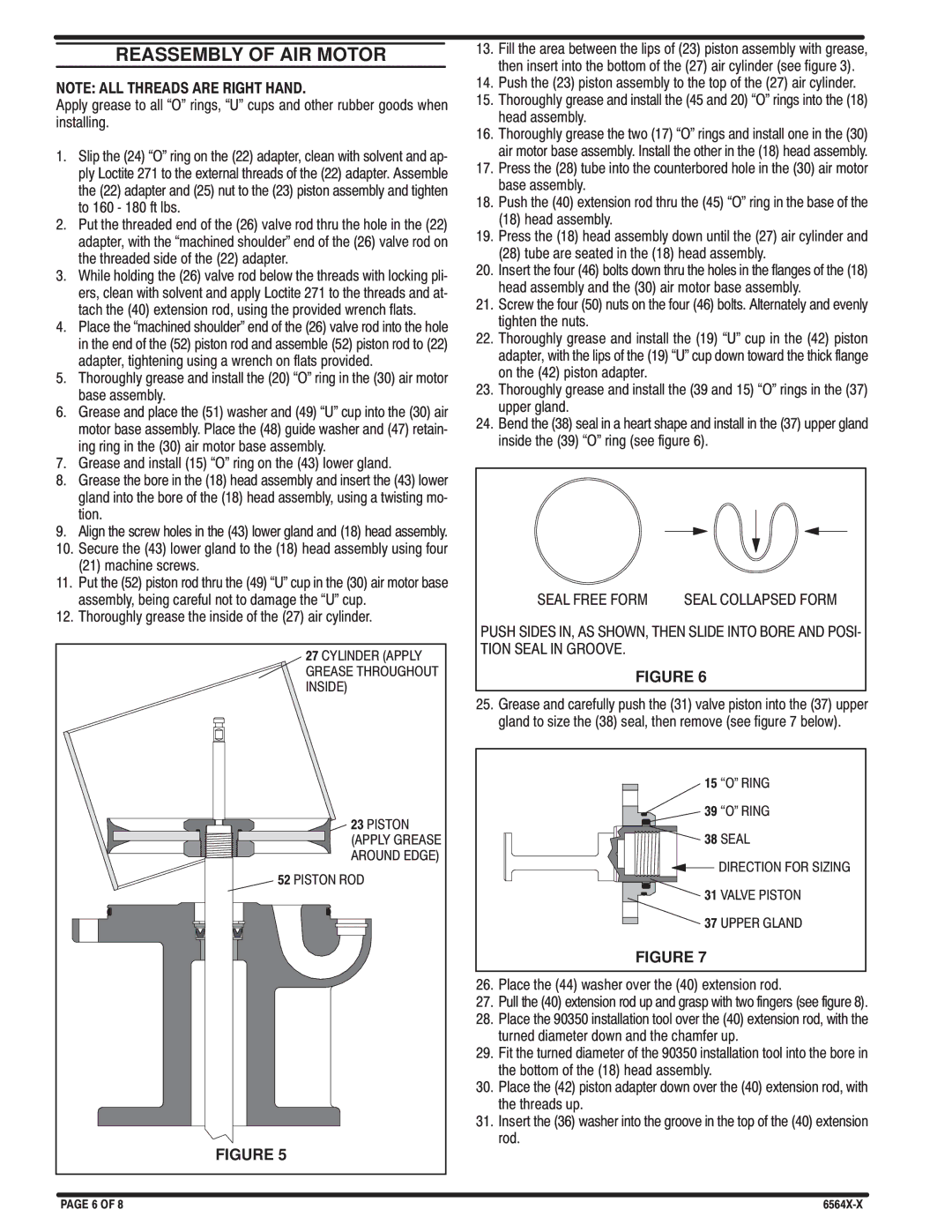 Ingersoll-Rand 65666, 66620, 65665B, 65662 manual Reassembly of AIR Motor, Thoroughly grease the inside of the 27 air cylinder 