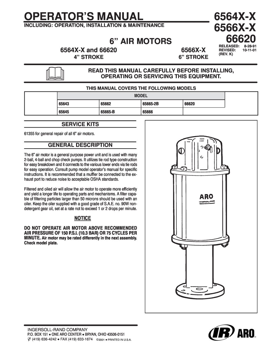 Ingersoll-Rand 65665B manual Read This Manual Carefully Before Installing, Operating Or Servicing This Equipment, 6564X-X 