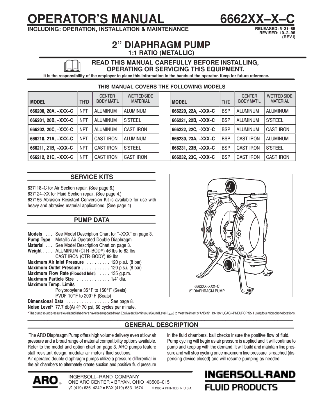 Ingersoll-Rand 6662XX-X-C manual 6662XX±X±C, Service Kits, Pump Data, General Description 