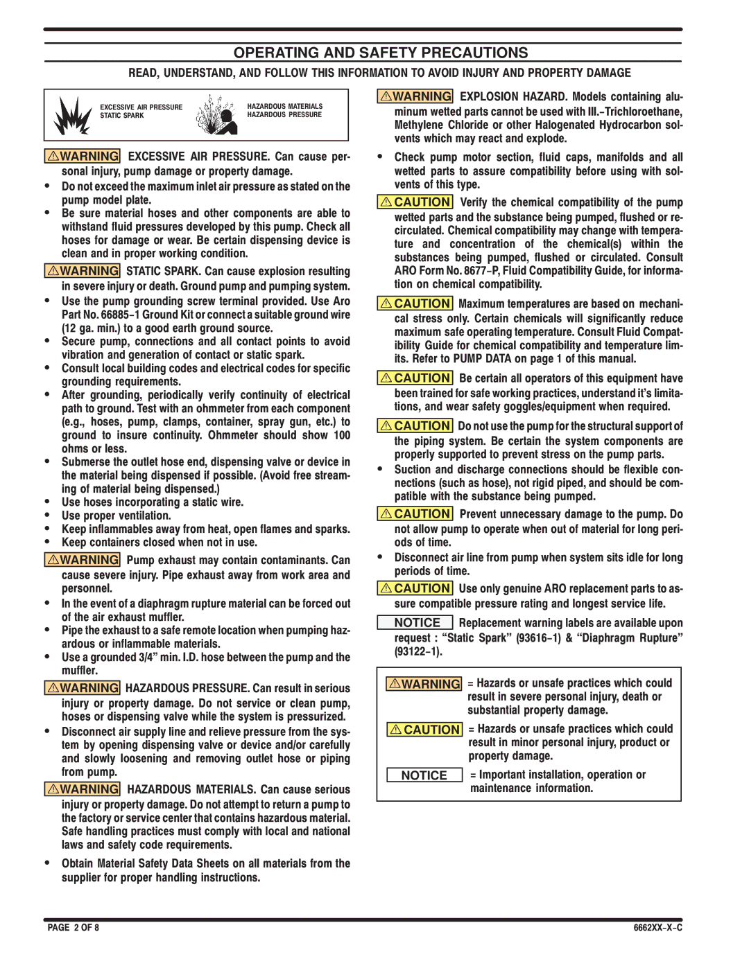 Ingersoll-Rand 6662XX-X-C manual Operating and Safety Precautions, Keep inflammables away from heat, open flames and sparks 