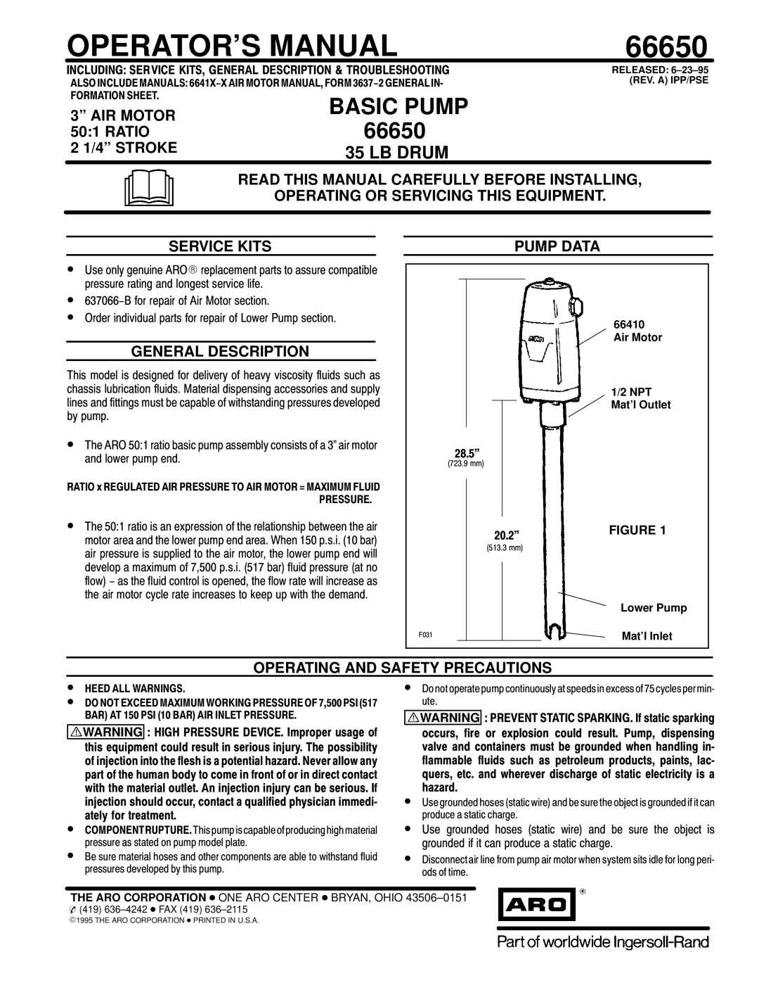 Ingersoll-Rand 66650 manual AIR Motor, Pump Data, Operating and Safety Precautions 