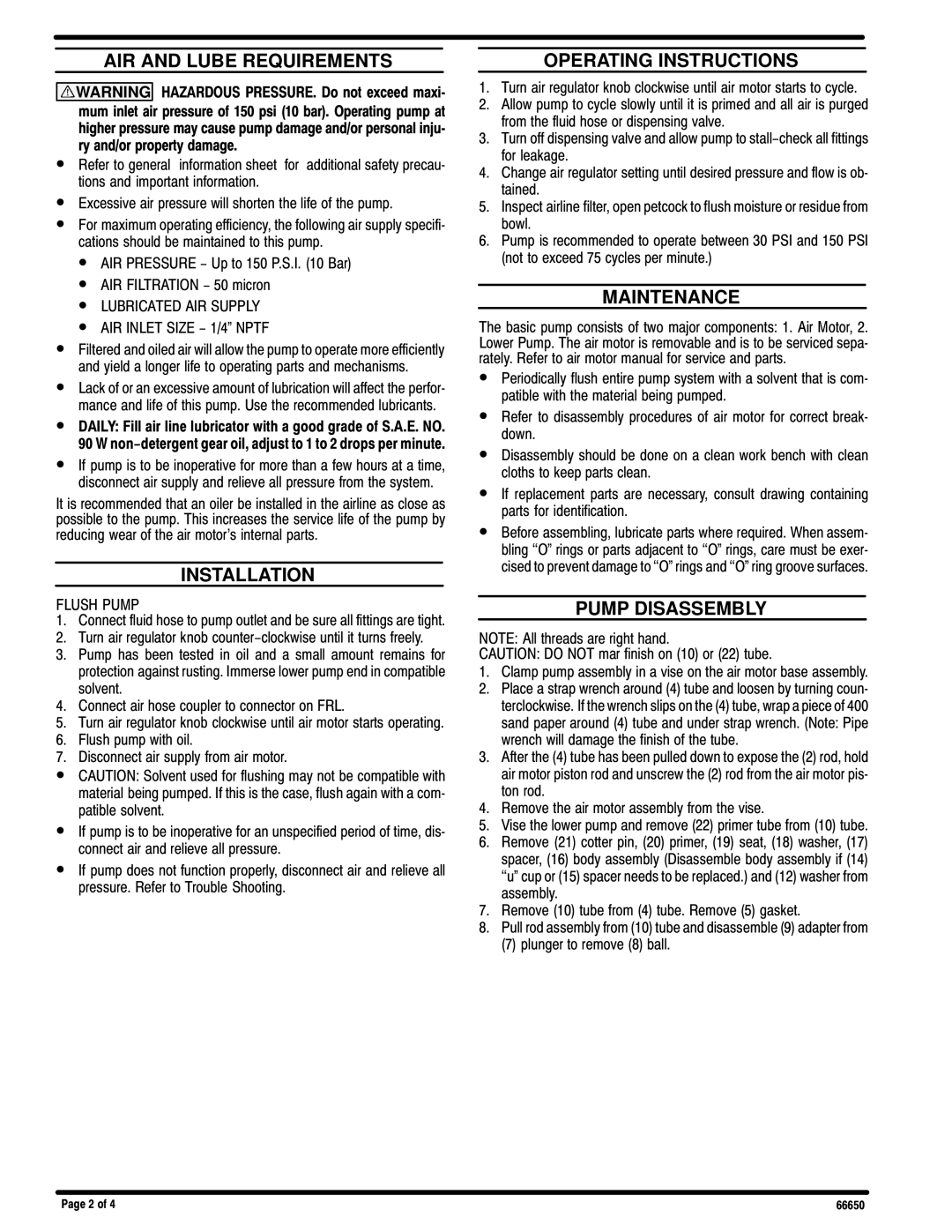 Ingersoll-Rand 66650 manual AIR and Lube Requirements, Installation, Operating Instructions, Maintenance, Pump Disassembly 