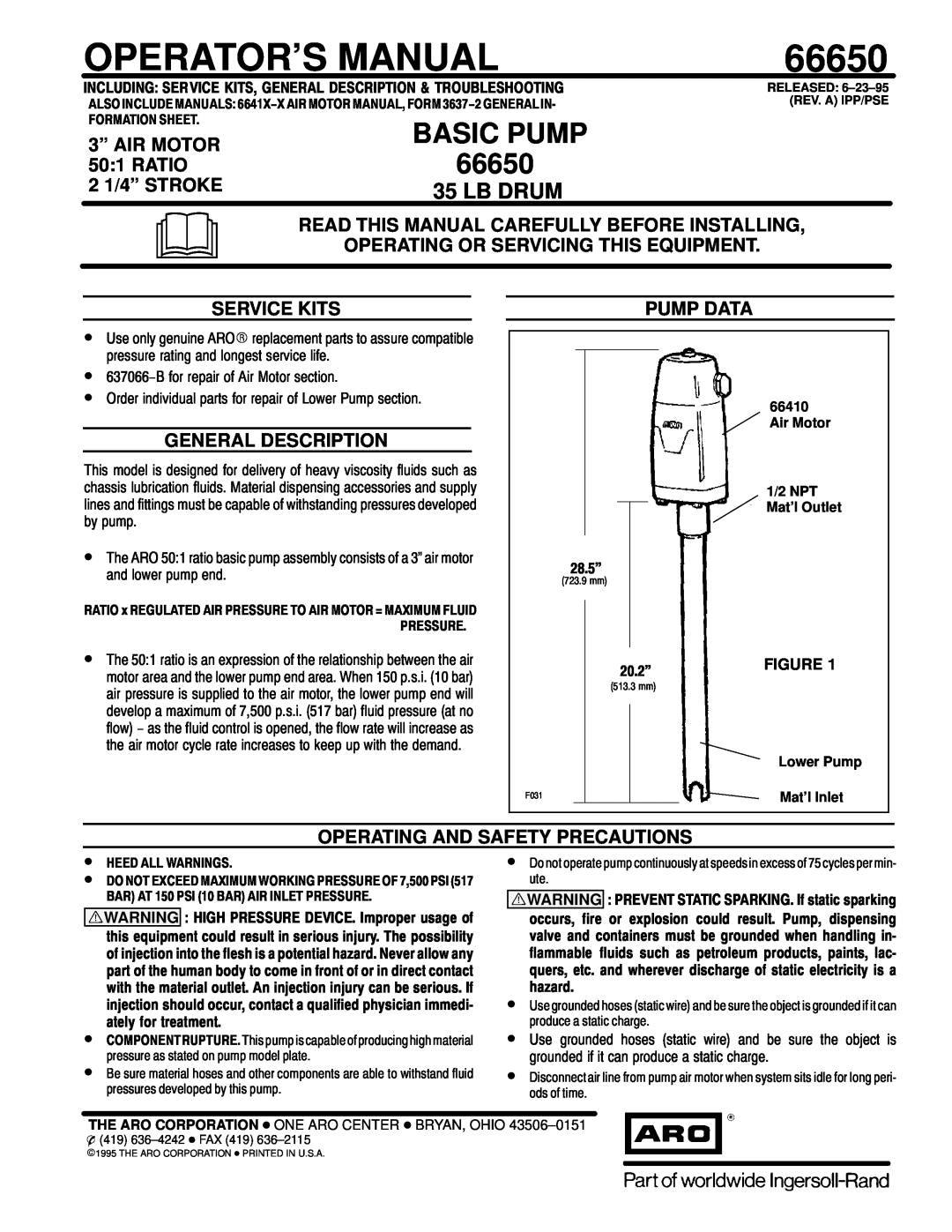 Ingersoll-Rand 66650 manual 3” AIR MOTOR, Ratio, 2 1/4” STROKE, Read This Manual Carefully Before Installing, Pump Data 