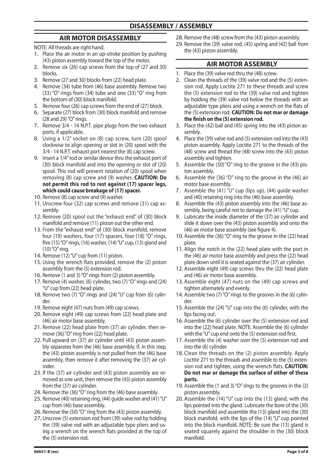 Ingersoll-Rand 66651-B manual Disassembly / Assembly AIR Motor Disassembly, AIR Motor Assembly, Air motor base assembly 