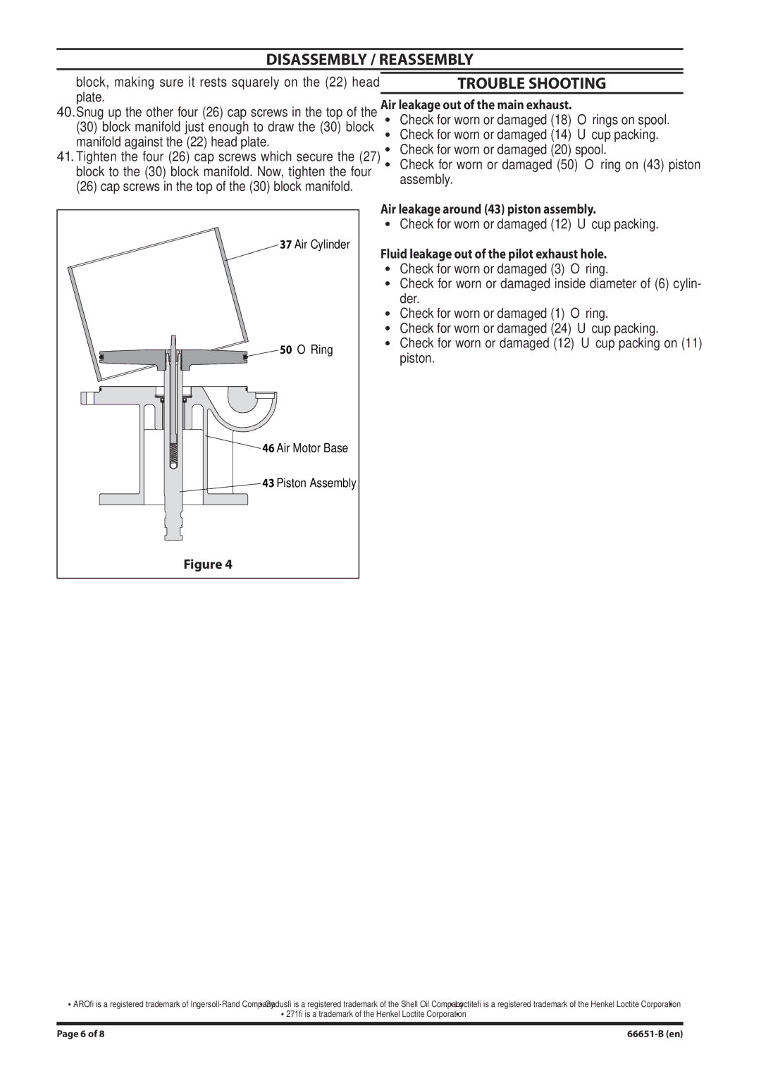 Ingersoll-Rand 66651-B manual Disassembly / Reassembly, Trouble Shooting, Air leakage out of the main exhaust 