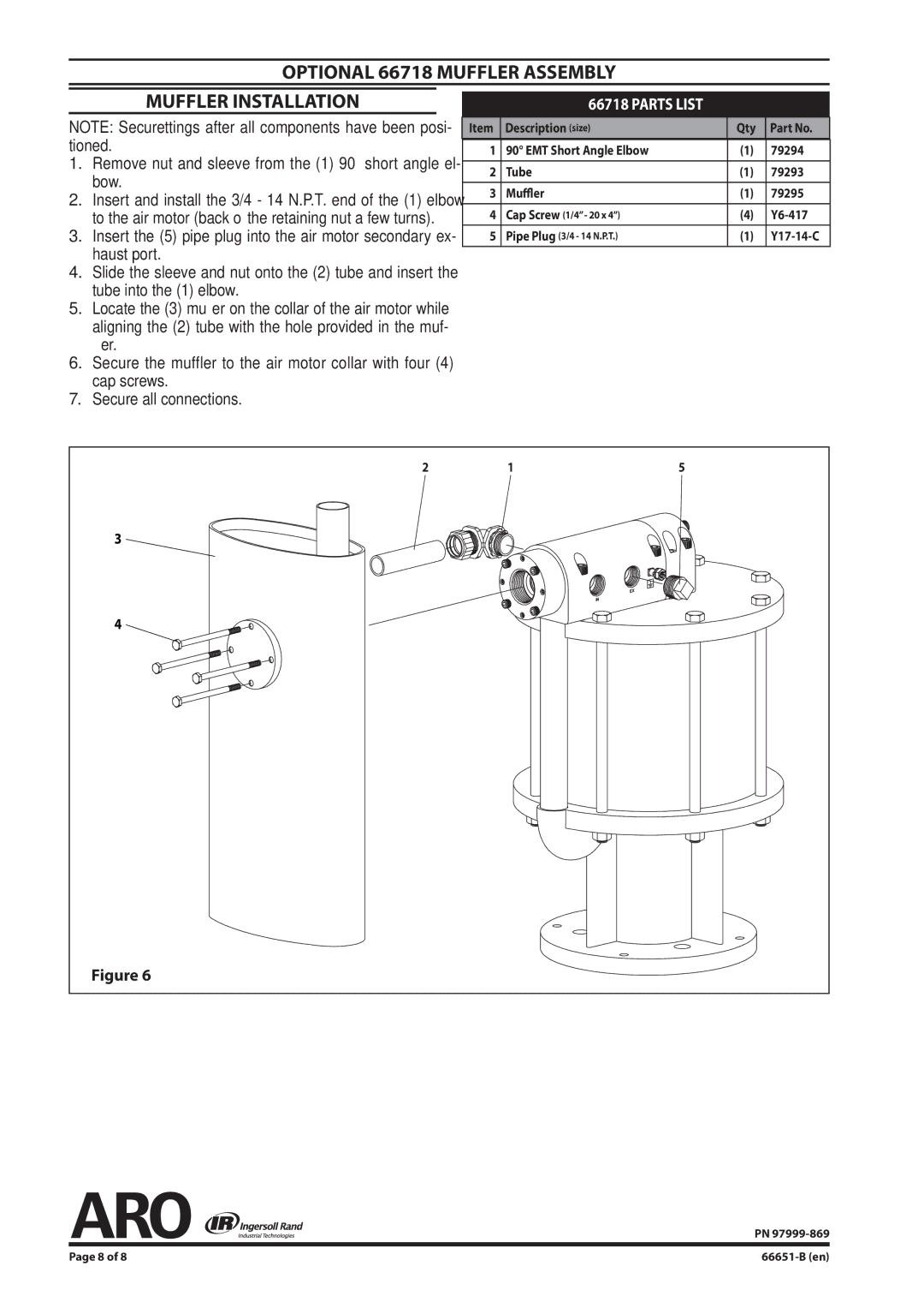 Ingersoll-Rand 66651-B manual Optional 66718 Muffler Assembly Muffler Installation 