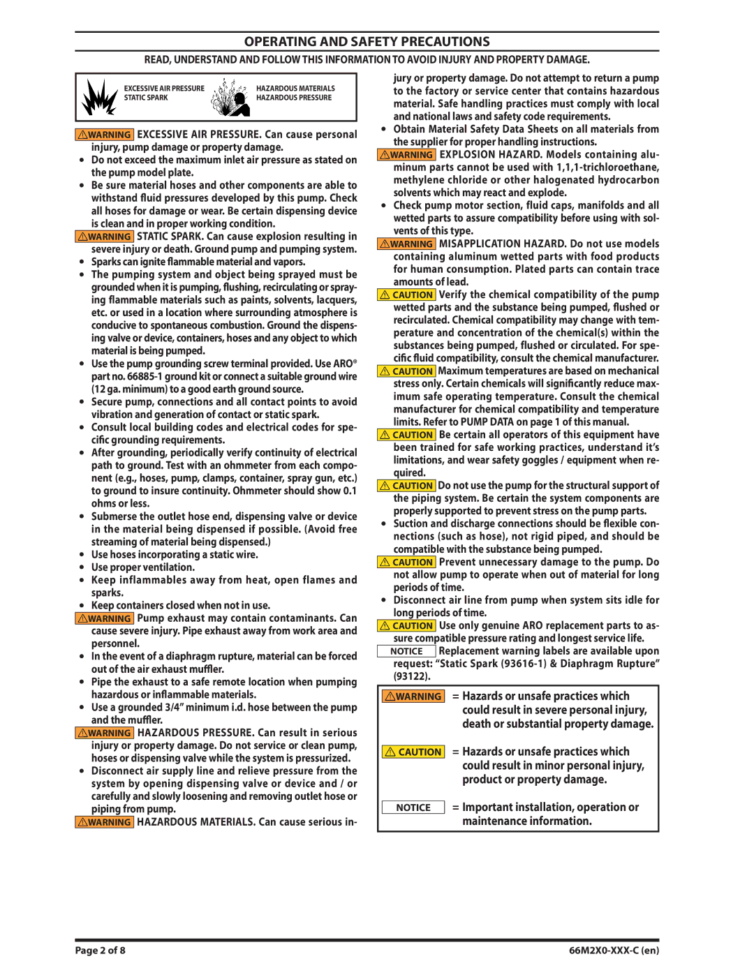 Ingersoll-Rand 66M2X0-XXX-C manual Operating and Safety Precautions, Sparks can ignite flammable material and vapors 