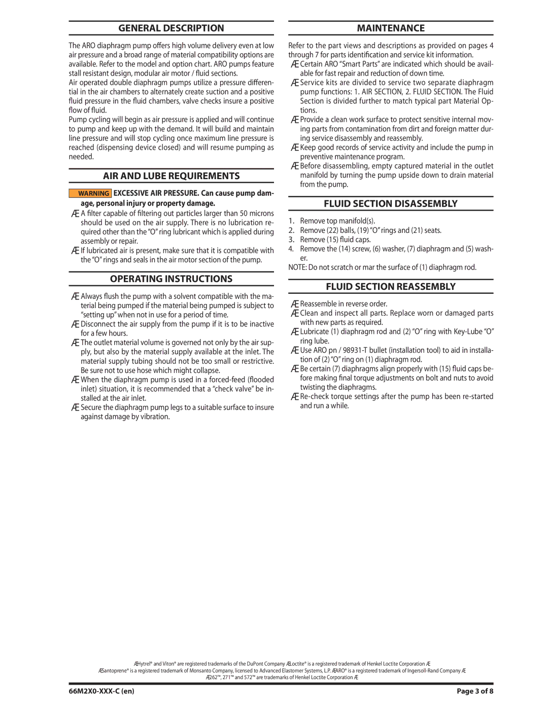 Ingersoll-Rand 66M2X0-XXX-C manual General Description Maintenance, AIR and Lube Requirements, Operating Instructions 