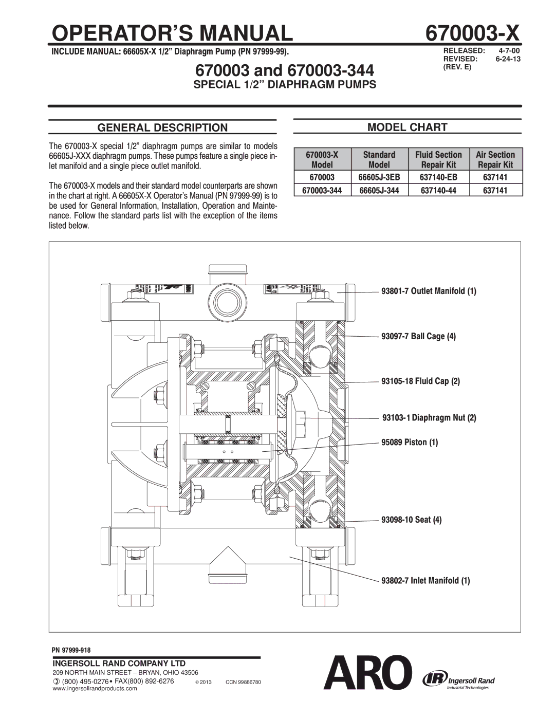 Ingersoll-Rand manual OPERATOR’S Manual, 670003-X, Special 1/2 Diaphragm Pumps, General Description Model Chart 