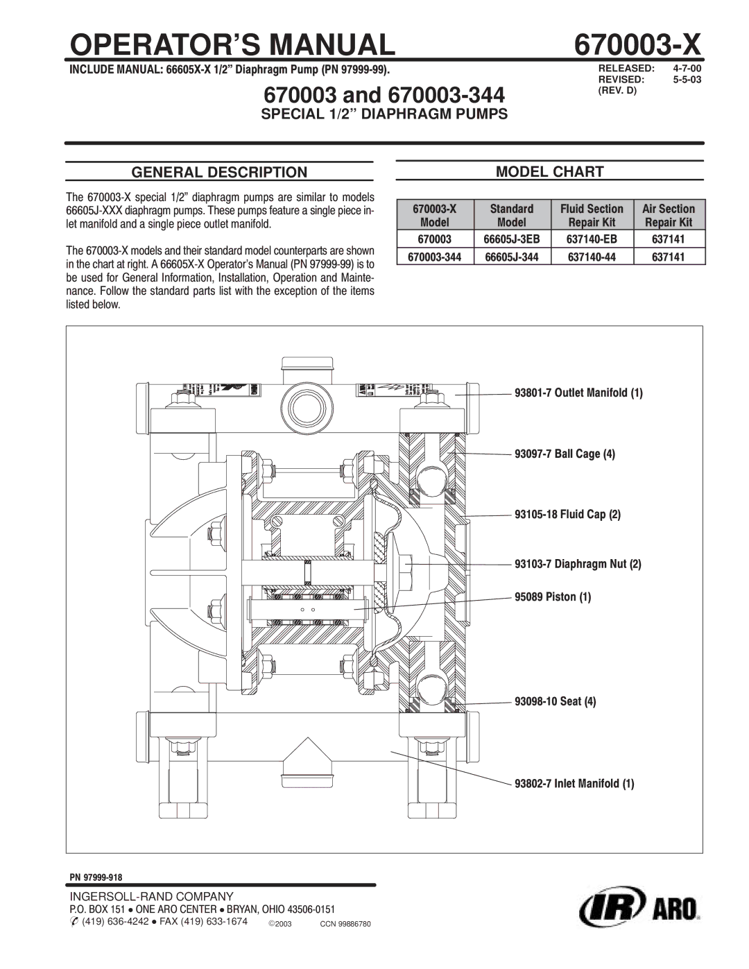 Ingersoll-Rand 670003-X manual OPERATOR’S Manual, Special 1/2 Diaphragm Pumps, General Description Model Chart 