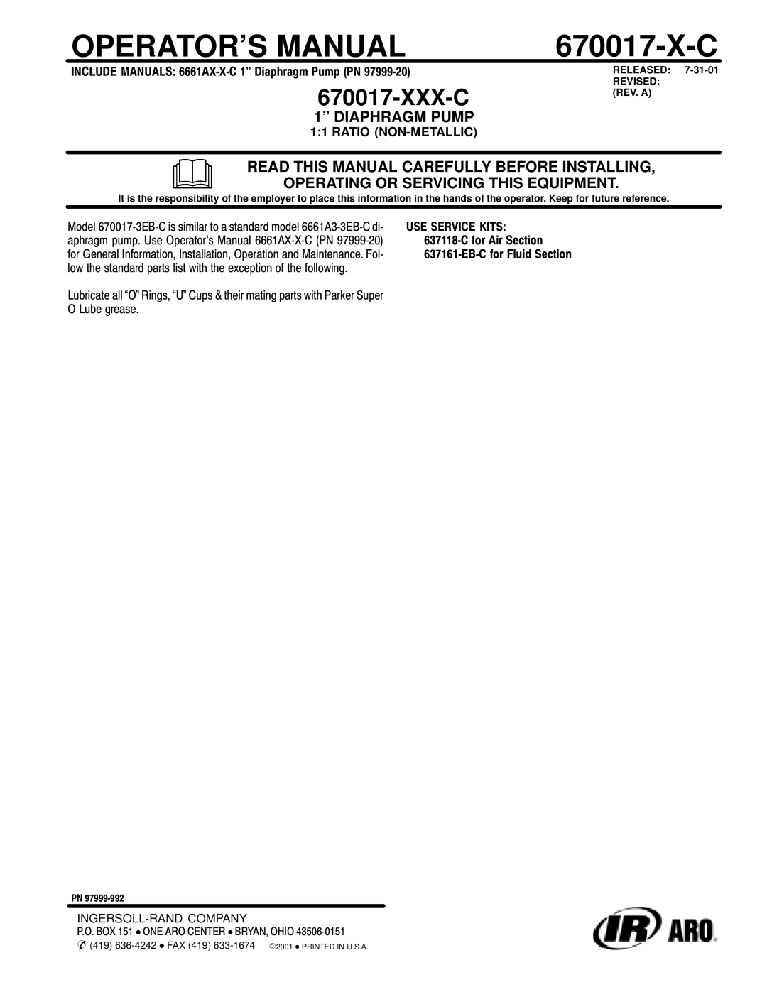 Ingersoll-Rand 670017-XXX-C manual OPERATOR’S Manual, 670017-X-C, Xxx-C 