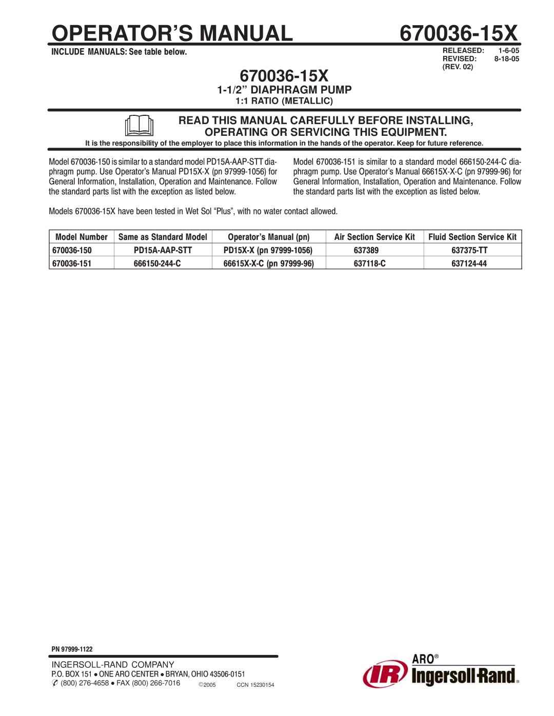 Ingersoll-Rand 670036-15X manual OPERATOR’S Manual 