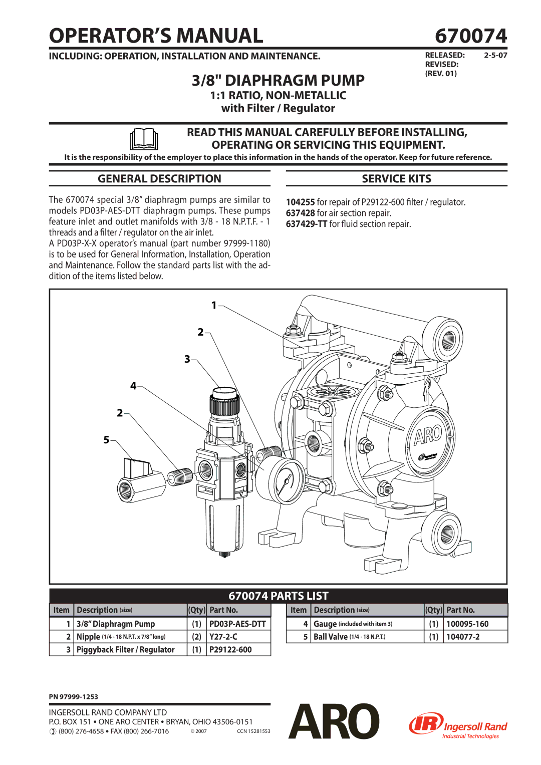 Ingersoll-Rand 670074 manual OPERATOR’S Manual, Diaphragm Pump, Parts List 