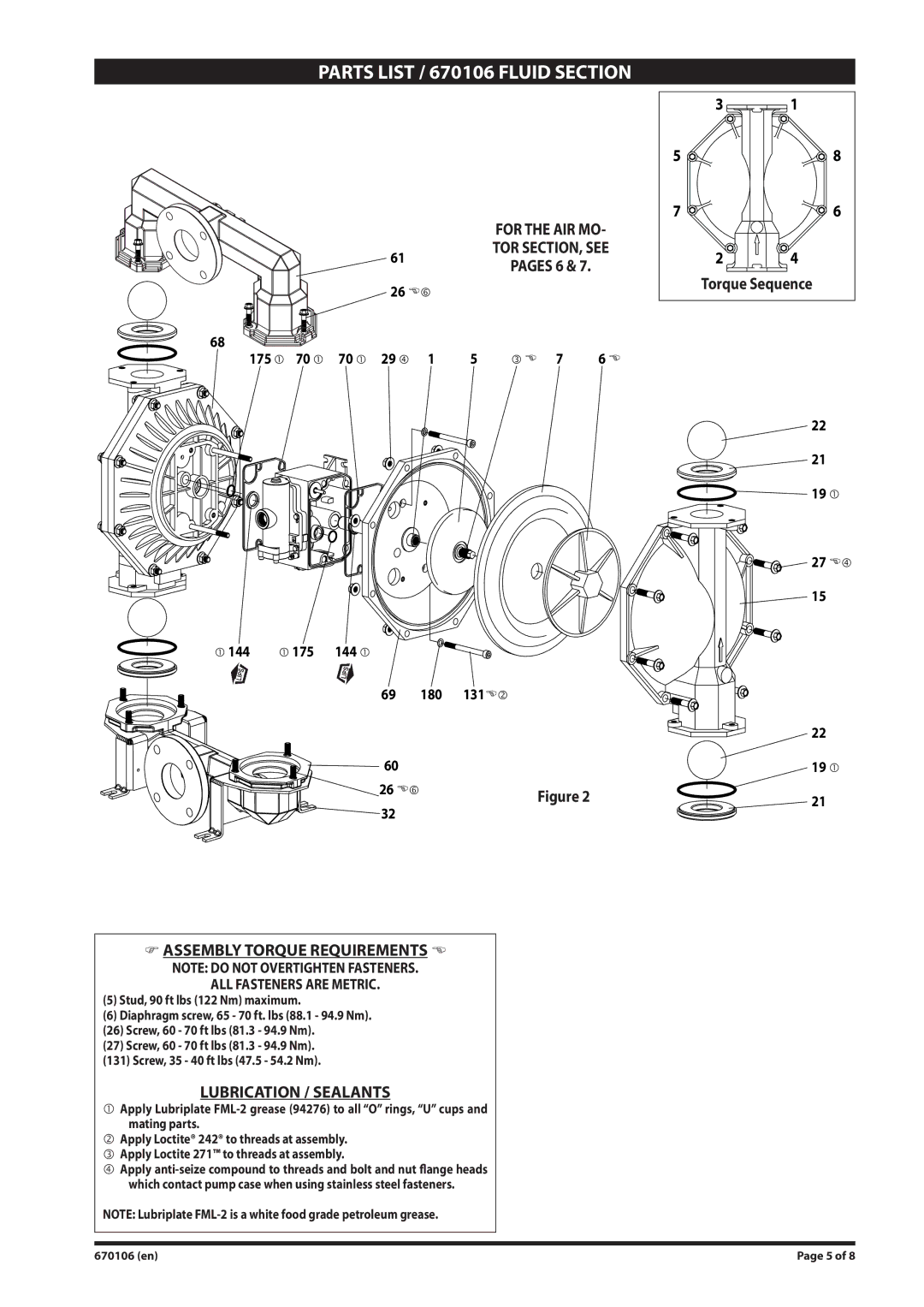 Ingersoll-Rand 670106 manual Assembly Torque Requirements, Lubrication / Sealants, Torque Sequence 