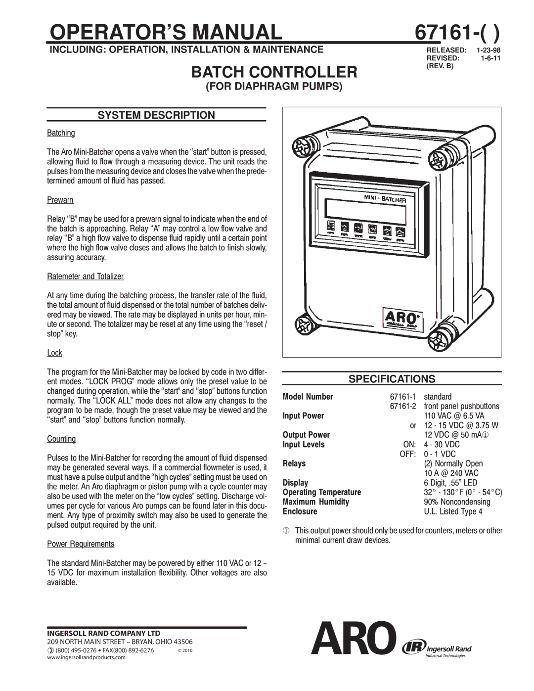 Ingersoll-Rand 67161-() specifications For Diaphragm Pumps System Description, Specifications 