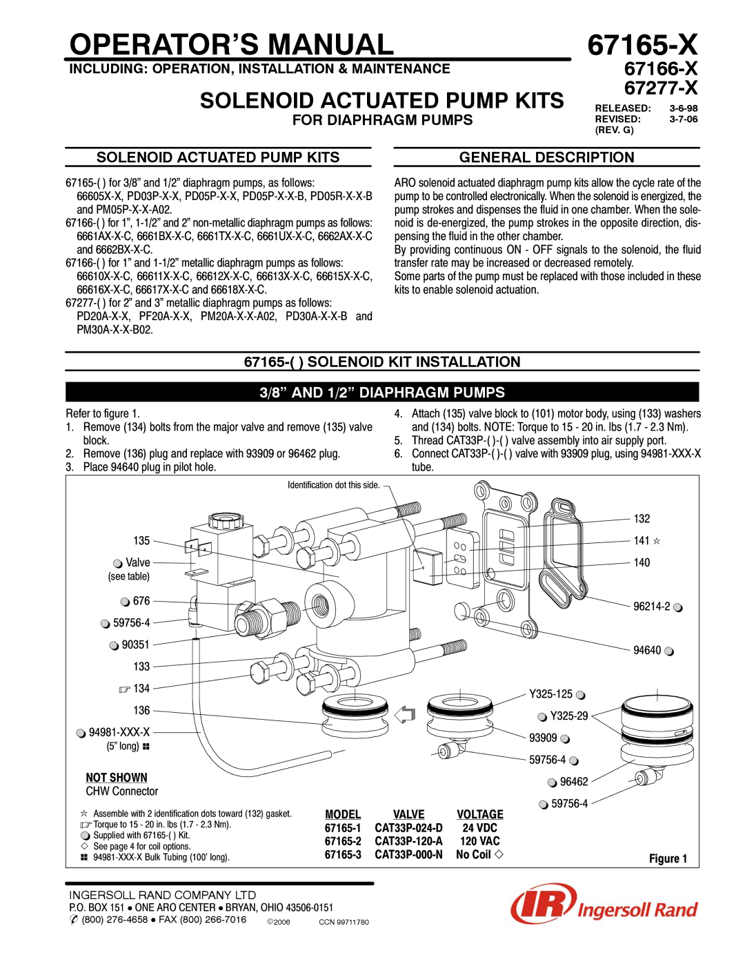 Ingersoll-Rand 67277-X, 67165-X, 67166-X manual For Diaphragm Pumps, Solenoid Actuated Pump Kits, Solenoid KIT Installation 