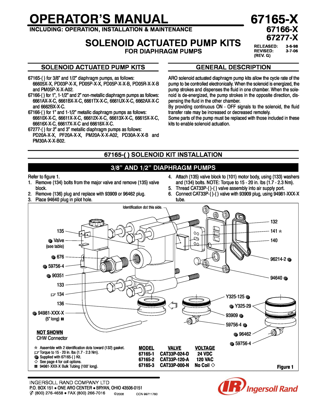 Ingersoll-Rand 67277-X manual For Diaphragm Pumps, Solenoid Actuated Pump Kits, Solenoid Kit Installation, 67165-X 
