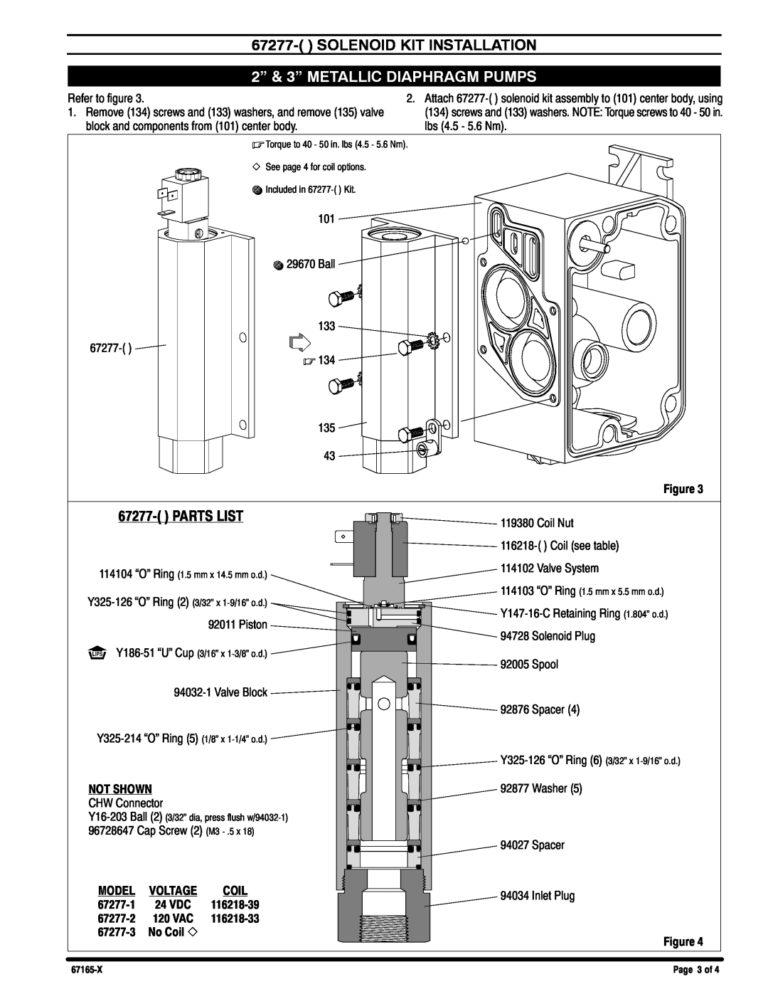 Ingersoll-Rand 67165-X, 67277-X, 67166-X manual Solenoid Kit Installation, 2” & 3” METALLIC DIAPHRAGM PUMPS, Parts List 