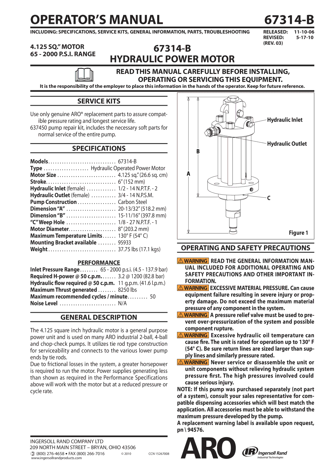 Ingersoll-Rand 67314-B specifications Service Kits, Specifications, General Description, Operating and Safety Precautions 