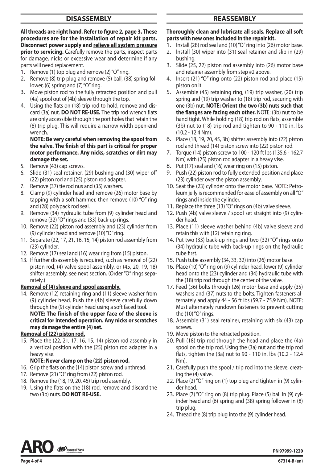 Ingersoll-Rand 67314-B Disassembly Reassembly, Removal of 4 sleeve and spool assembly, Removal of 22 piston rod 