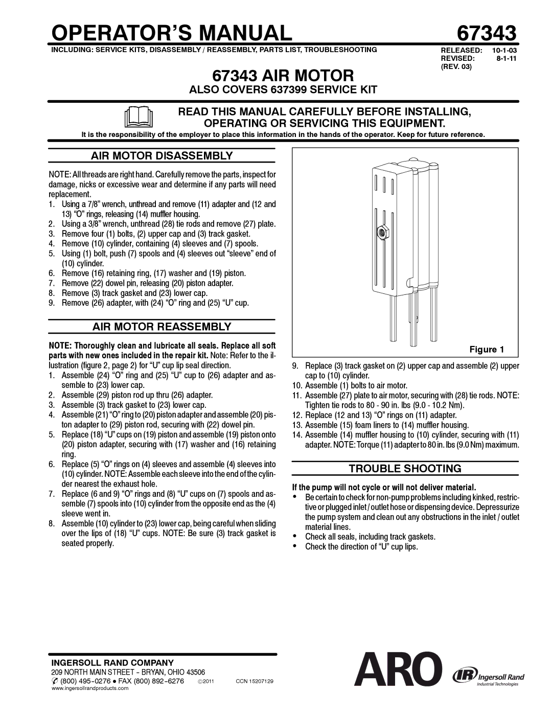 Ingersoll-Rand 67343 manual AIR Motor Disassembly, AIR Motor Reassembly, Trouble Shooting 