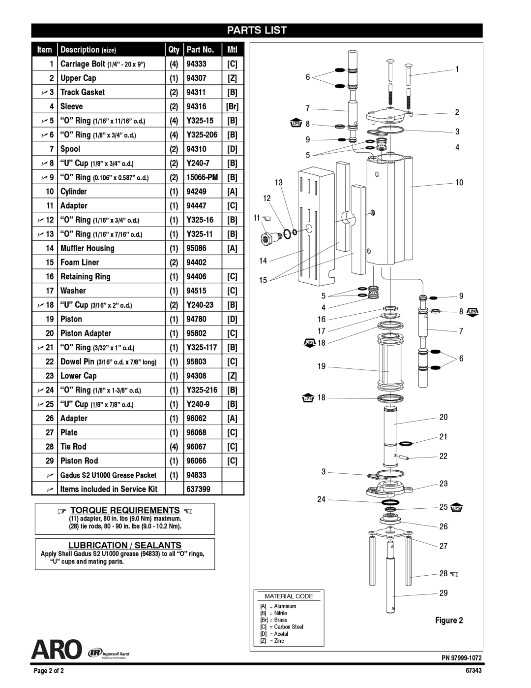 Ingersoll-Rand 67343 manual Parts List 