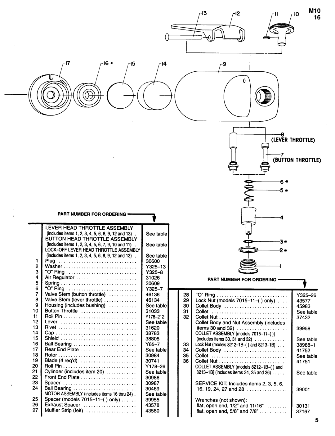 Ingersoll-Rand 5213-1B, 7015-11, 5212-15 manual 13M10, Part Number for Ordering, Service 