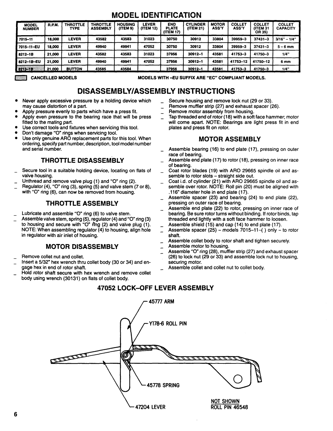 Ingersoll-Rand 7015-11, 5212-15 DISASSEMBLY/ASSEMBLY Instructions, Throttle Assembly, Motor Disassembly, Motor Assembly 