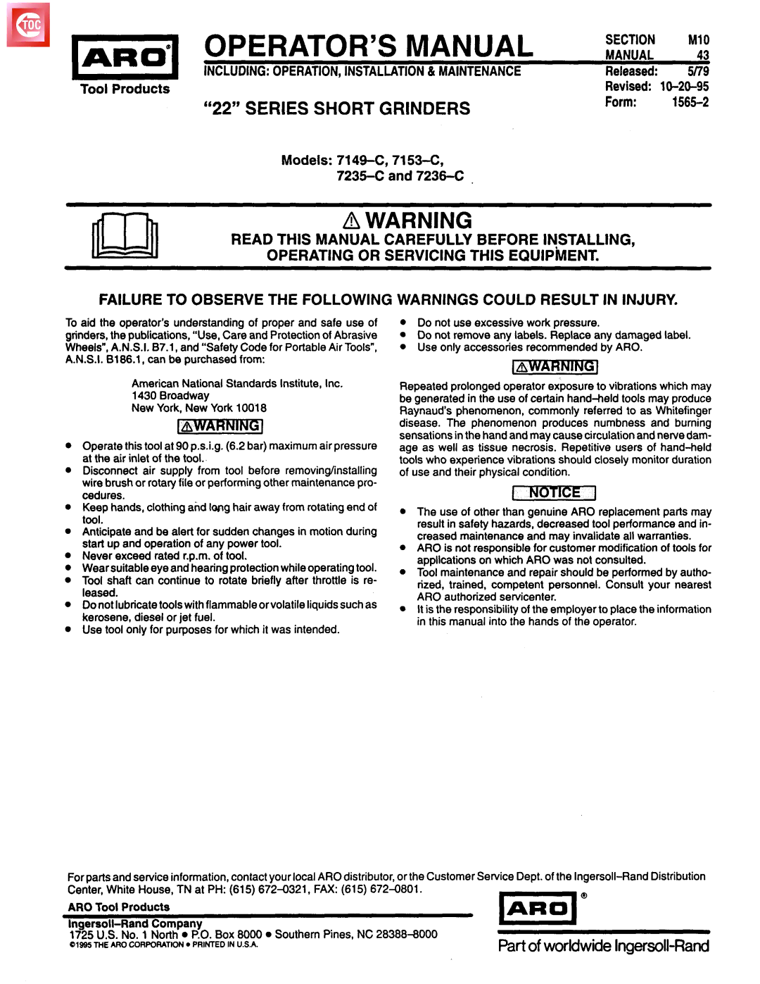 Ingersoll-Rand 7236-C, 7235-C manual Series Short, Section M10 Manual, Released 5/79, Form 1566-2 Models 7149-C, 7153-C 