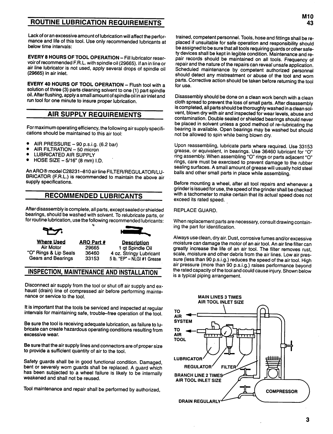 Ingersoll-Rand 7153-C, 7235-C manual Routine Lubrication Requirements, AIR Supply Requirements, Recommended Lubricants, Ml0 