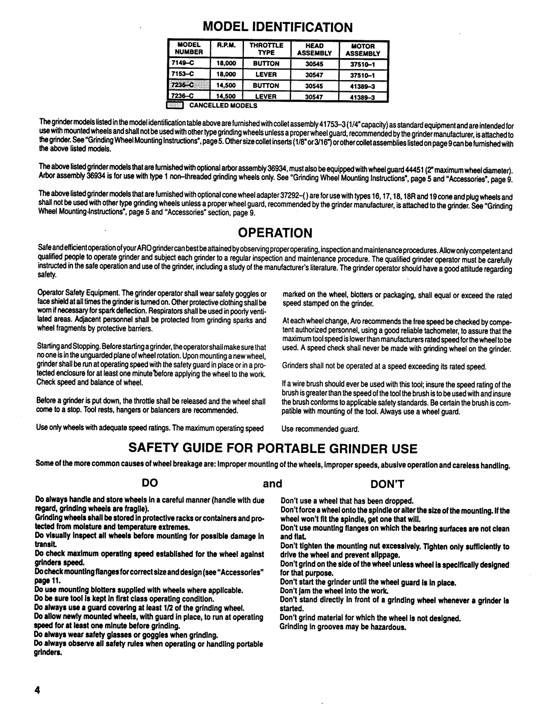 Ingersoll-Rand 7235-C, 7236-C, 7149-C, 7153-C manual Operation, Safety Guide for Portable Grinder USE, Don’T 