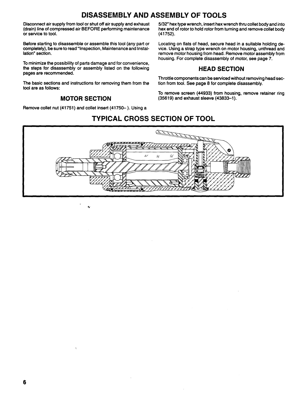 Ingersoll-Rand 7149-C manual Disassembly and Assembly of Tools, Typical Cross Section of Tool, Motor Section, Head Section 