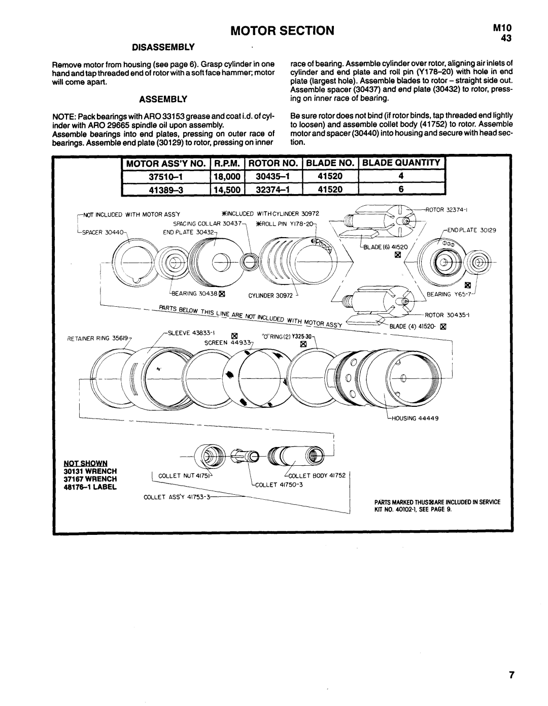 Ingersoll-Rand 7153-C Motor Section, Disassembly, Assembly, Motor ASS’Y NO. R.P.M. Rotor NO. Blade NO. Blade Quantity 