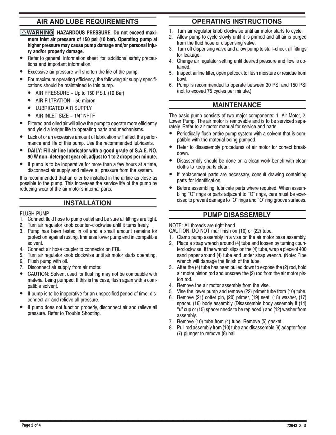 Ingersoll-Rand 72633-D AIR and Lube Requirements, Installation, Operating Instructions, Maintenance, Pump Disassembly 