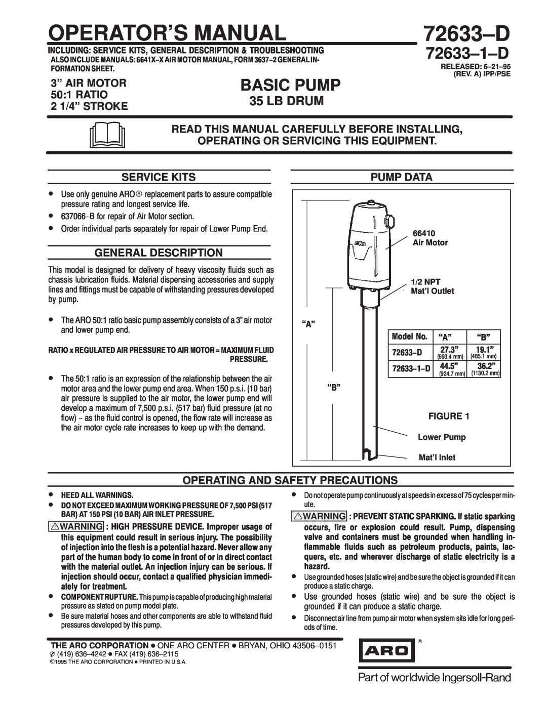 Ingersoll-Rand 72633-D manual 3º AIR MOTOR, Ratio, 2 1/4º STROKE, Service Kits, General Description, Pump Data, 72633±D 