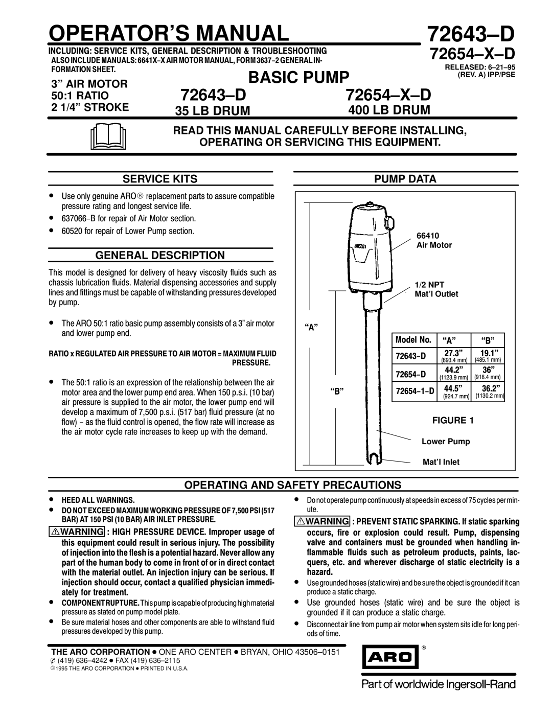 Ingersoll-Rand 72643D, 72654XD manual AIR Motor, General Description, Pump Data, Operating and Safety Precautions 