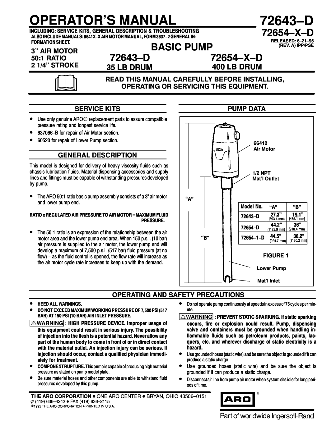 Ingersoll-Rand 72643D manual 3” AIR MOTOR, 50 1 RATIO, 2 1/4” STROKE, Read This Manual Carefully Before Installing 