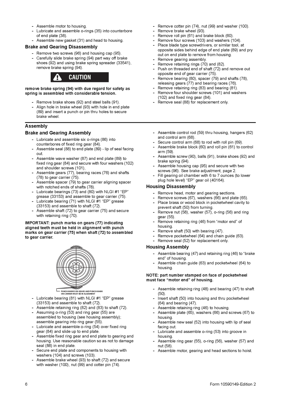 Ingersoll-Rand 7790-A, 7792-A manual Brake and Gearing Disassembly, Assembly Brake and Gearing Assembly, Housing Disassembly 