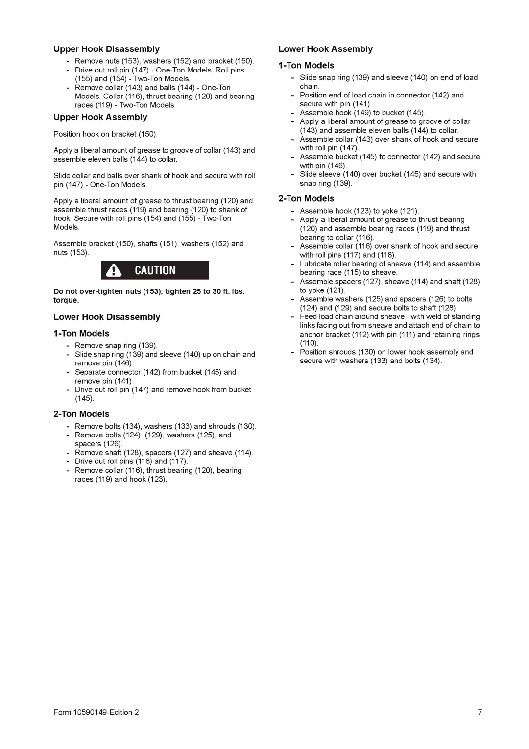 Ingersoll-Rand 7792-A, 7790-A manual Upper Hook Disassembly, Upper Hook Assembly, Lower Hook Disassembly Ton Models 