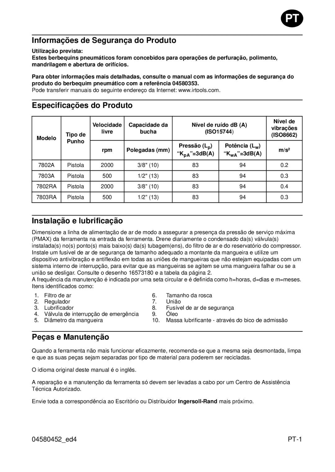 Ingersoll-Rand 7803A, 7803RA Informações de Segurança do Produto, Especificações do Produto, Instalação e lubrificação 