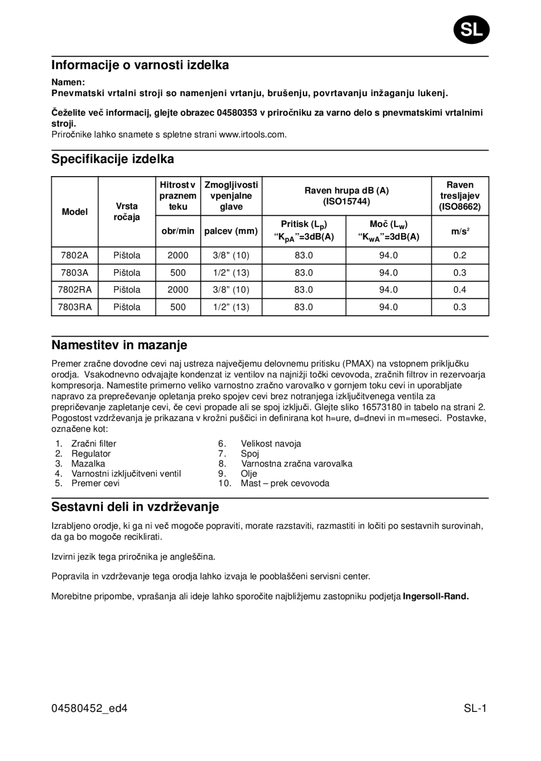 Ingersoll-Rand 7802A, 7803RA, 7803A, 7802RA Informacije o varnosti izdelka, Specifikacije izdelka, Namestitev in mazanje 