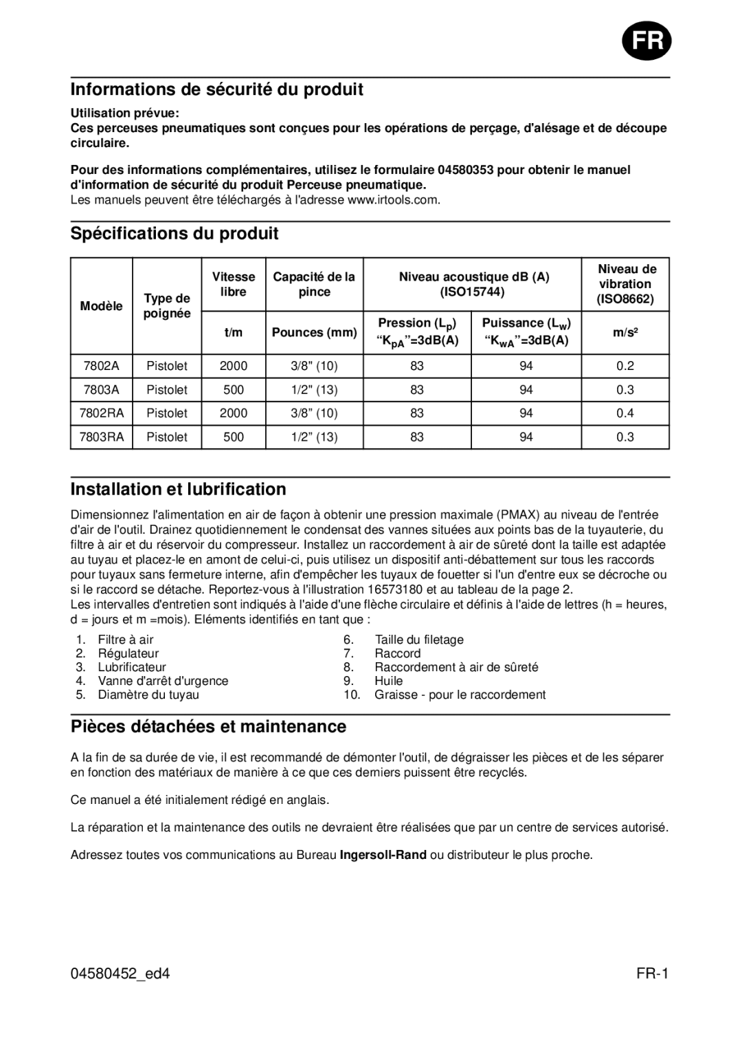 Ingersoll-Rand 7803A, 7803RA Informations de sécurité du produit, Spécifications du produit, Installation et lubrification 