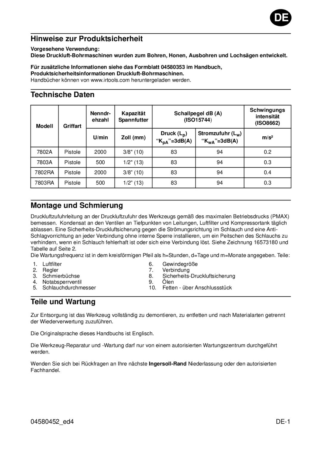 Ingersoll-Rand 7802A, 7803RA Hinweise zur Produktsicherheit, Technische Daten, Montage und Schmierung, Teile und Wartung 