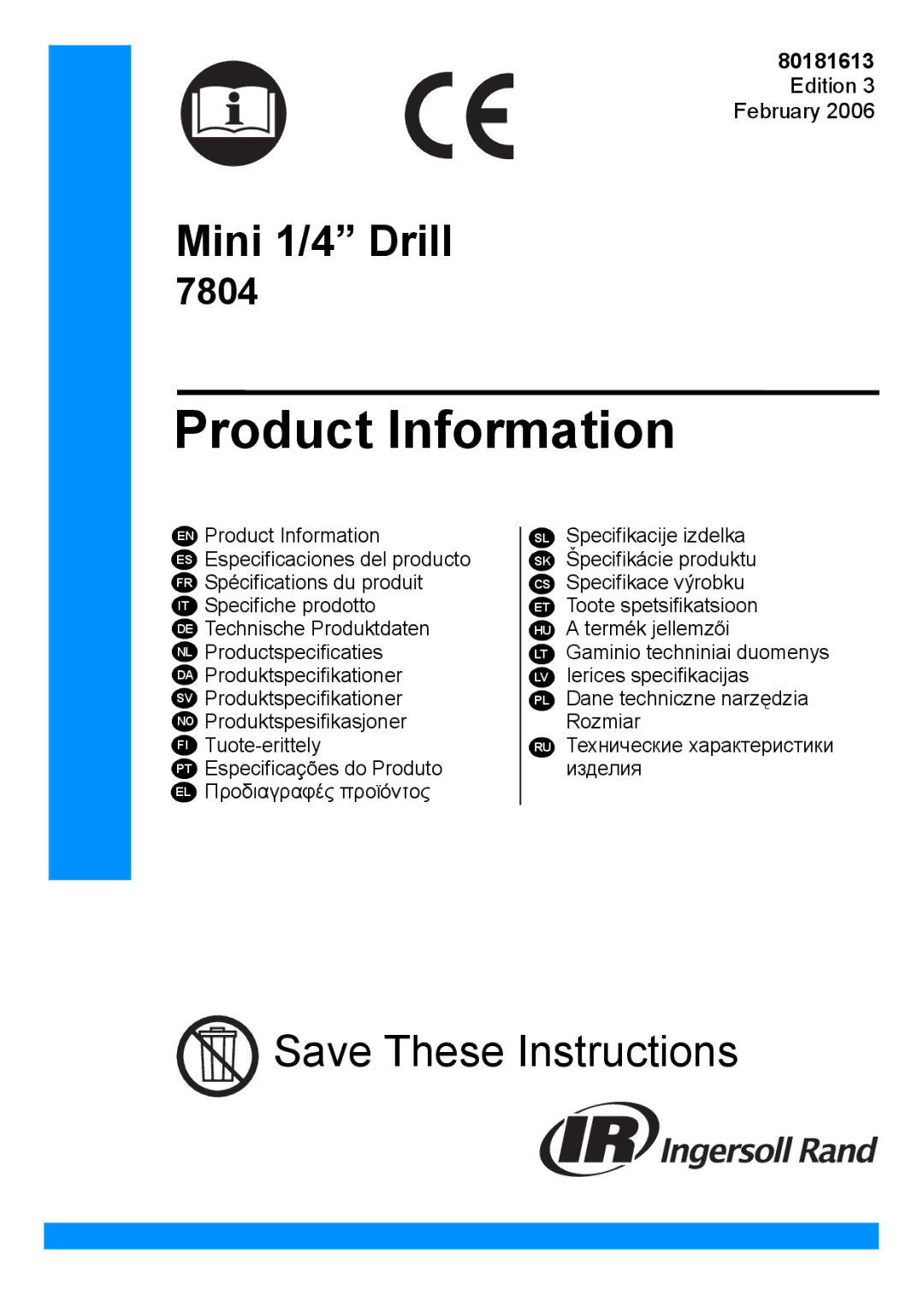 Ingersoll-Rand 7804 manual Product Information, Edition 3 February 