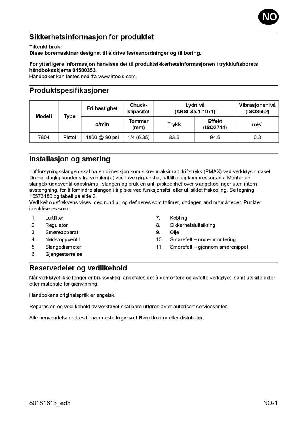 Ingersoll-Rand 7804 manual Sikkerhetsinformasjon for produktet, Produktspesifikasjoner, Installasjon og smøring 