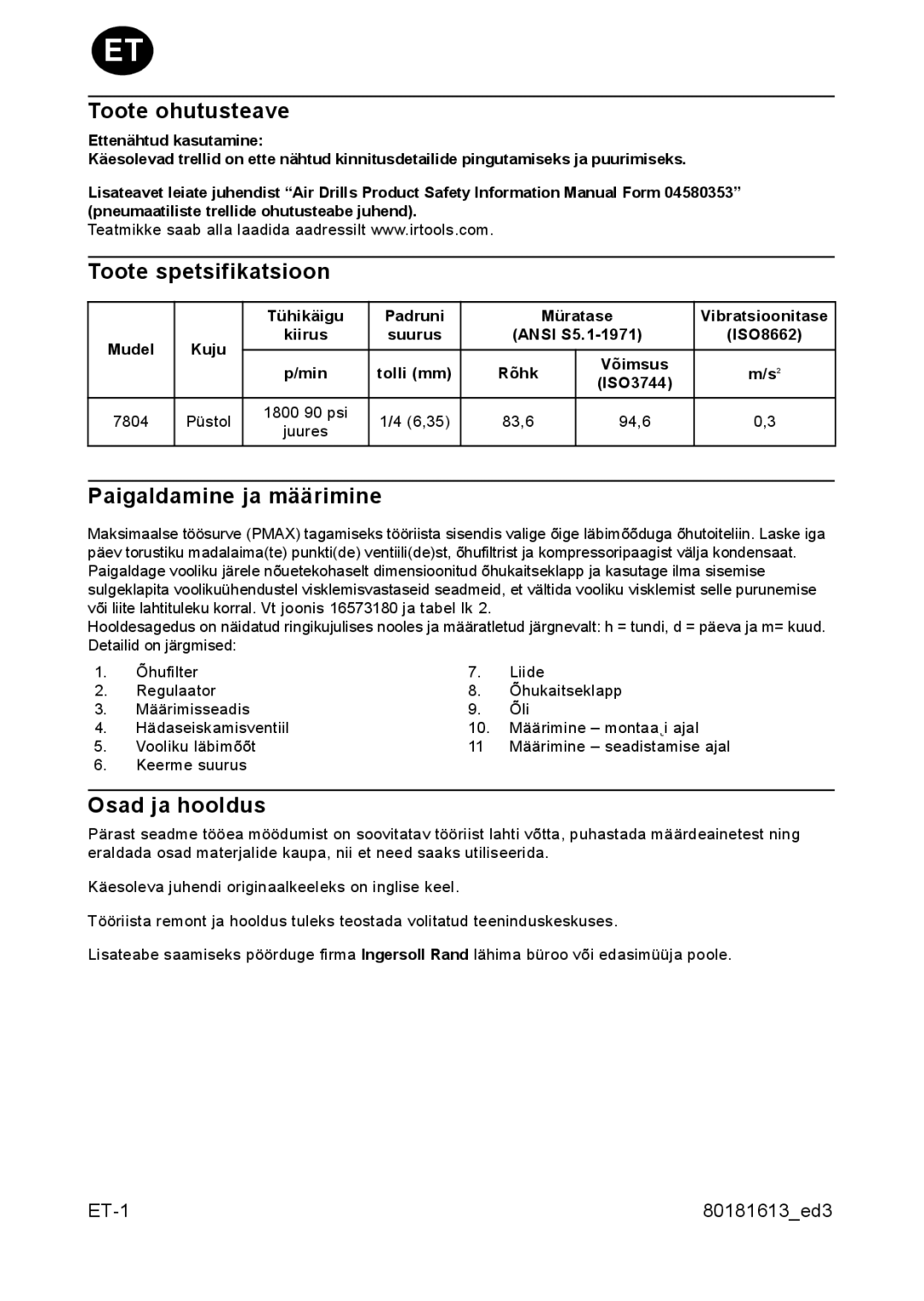 Ingersoll-Rand 7804 manual Toote ohutusteave, Toote spetsifikatsioon, Paigaldamine ja määrimine, Osad ja hooldus 