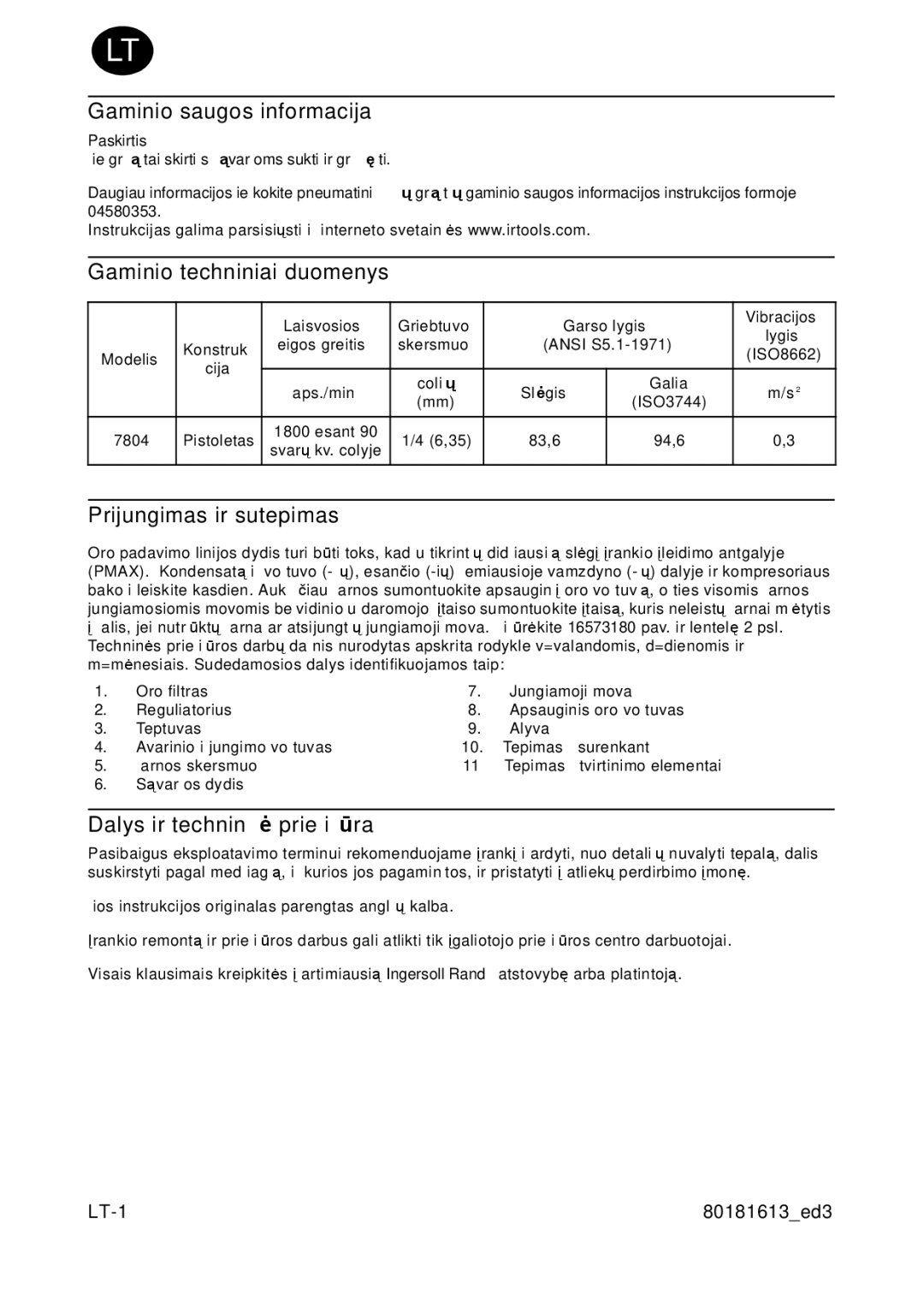 Ingersoll-Rand 7804 manual Gaminio saugos informacija, Gaminio techniniai duomenys, Prijungimas ir sutepimas 