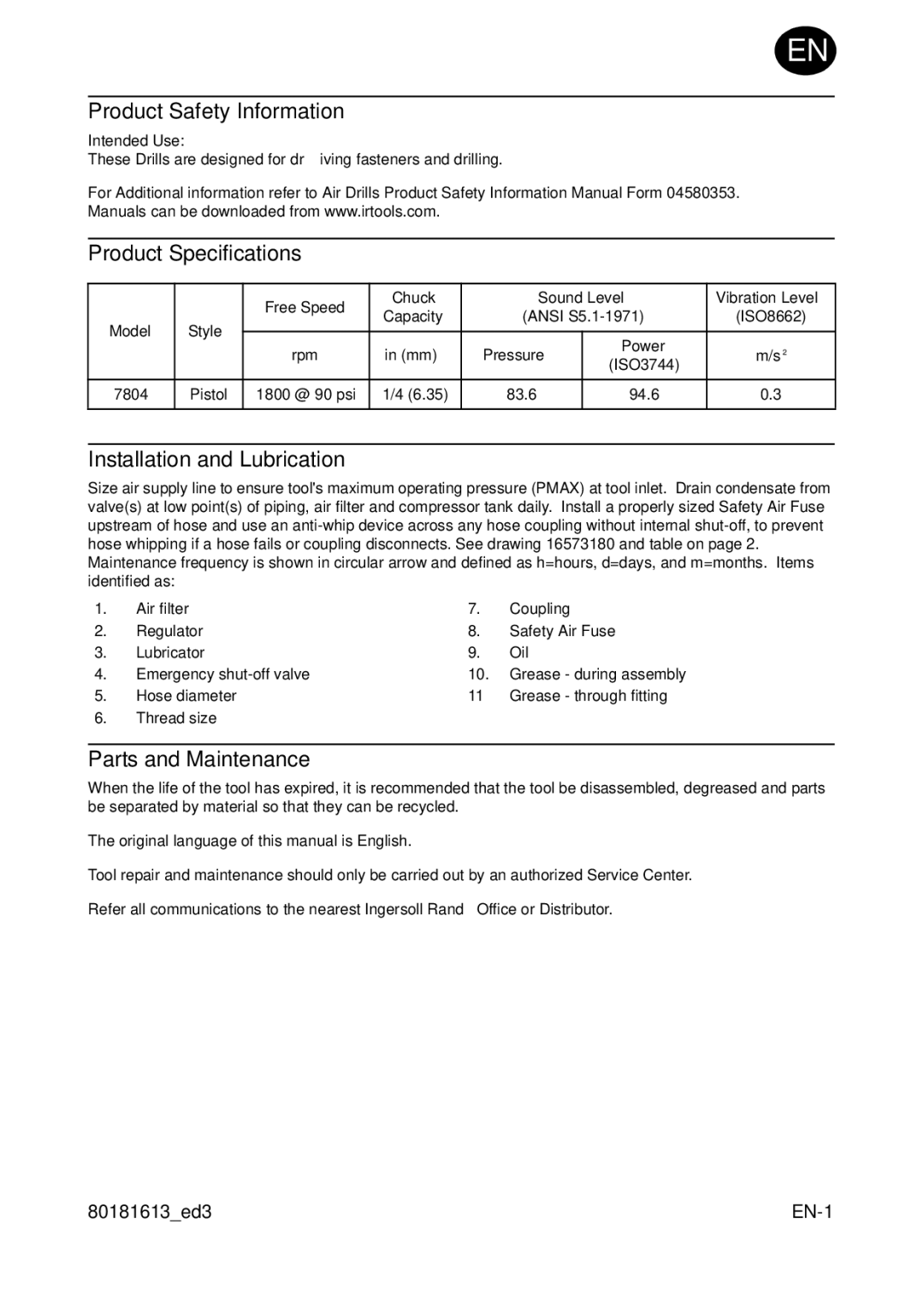 Ingersoll-Rand 7804 manual Product Safety Information, Product Specifications, Installation and Lubrication 