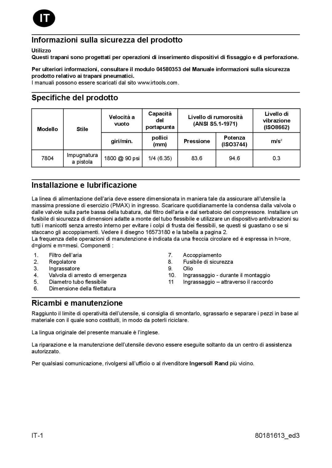 Ingersoll-Rand 7804 Informazioni sulla sicurezza del prodotto, Specifiche del prodotto, Installazione e lubrificazione 