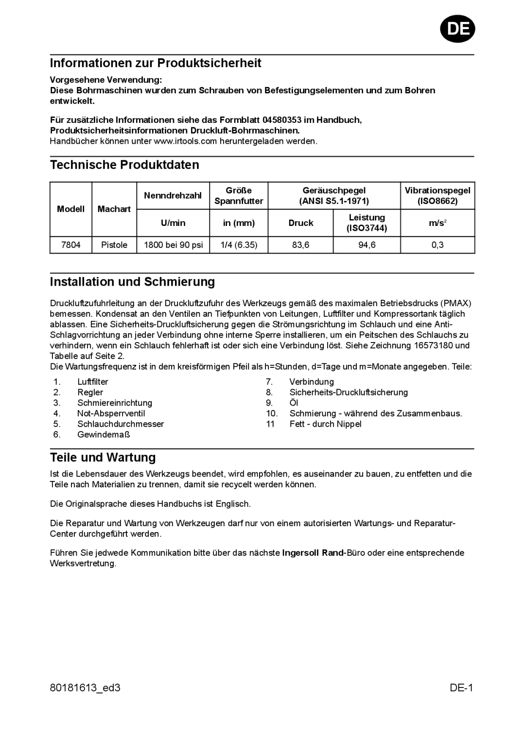 Ingersoll-Rand 7804 manual Informationen zur Produktsicherheit, Technische Produktdaten, Installation und Schmierung 